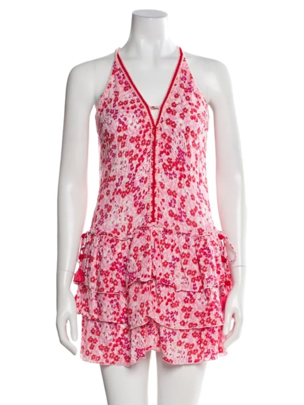 NWT POUPETTE ST BARTH BETY MINI DRESS VISCOSE PINK DAFFODIL FLORAL RUFFLE TASSLE - Picture 2 of 2